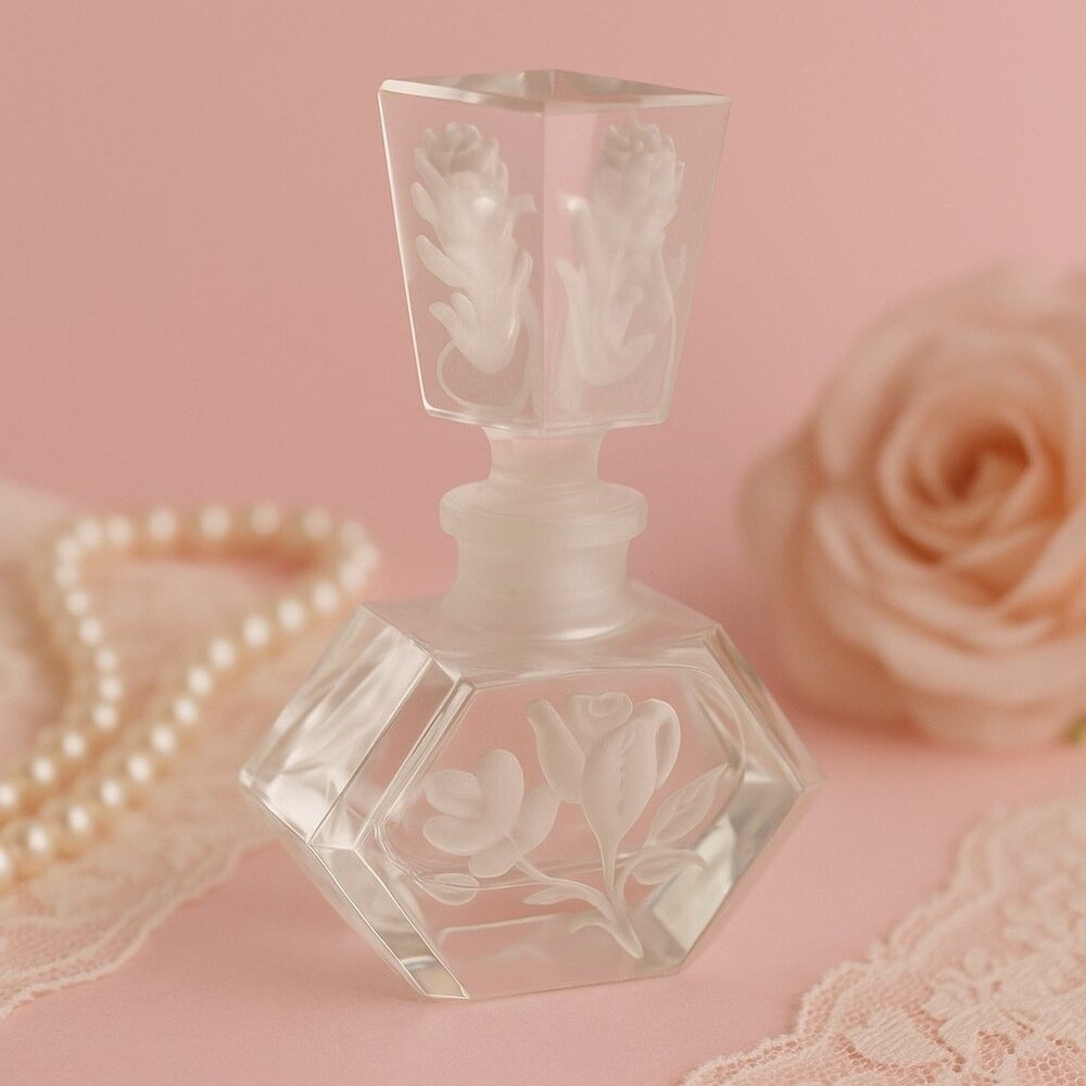 Vintage Czech Crystal Perfume Bottle – Frosted Floral Etched Design